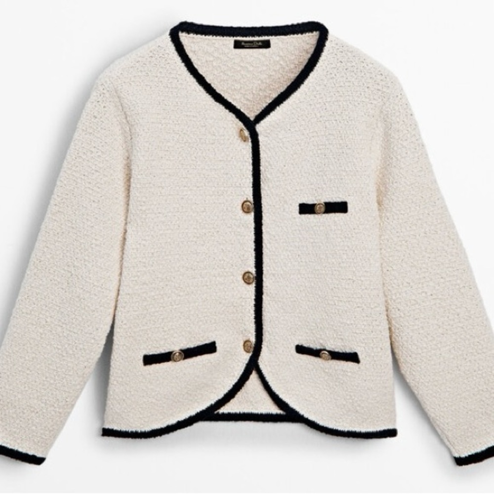 Massimo Dutti Textured Contrast Trim Knit Cardigann